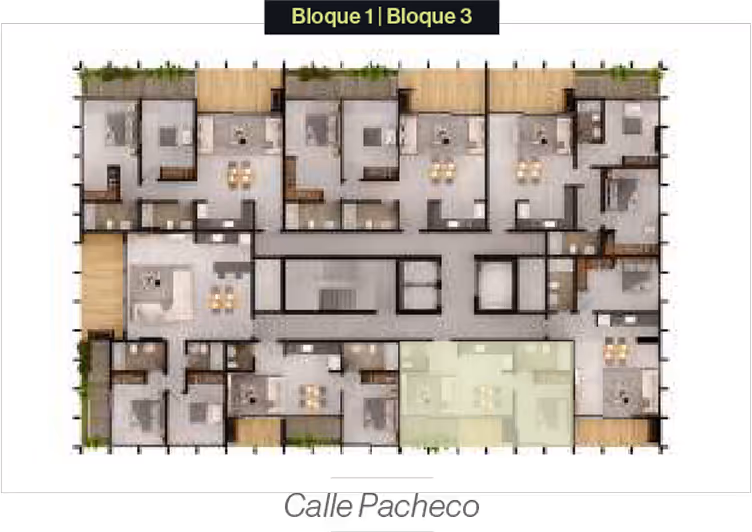 Plano de planta de los bloques 1 y 3 con múltiples unidades residenciales, áreas comunes y balcones, etiquetado con Calle Pacheco abajo.