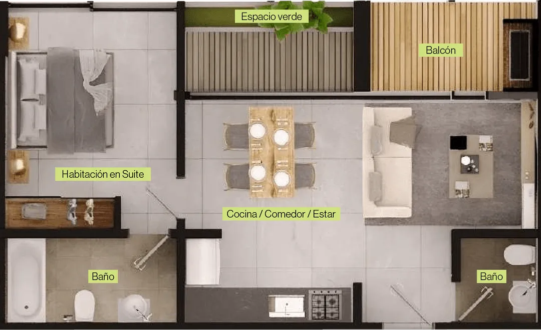 Plano de planta de un apartamento con habitación en suite, dos baños, cocina/comedor/estar, balcón y espacio verde.