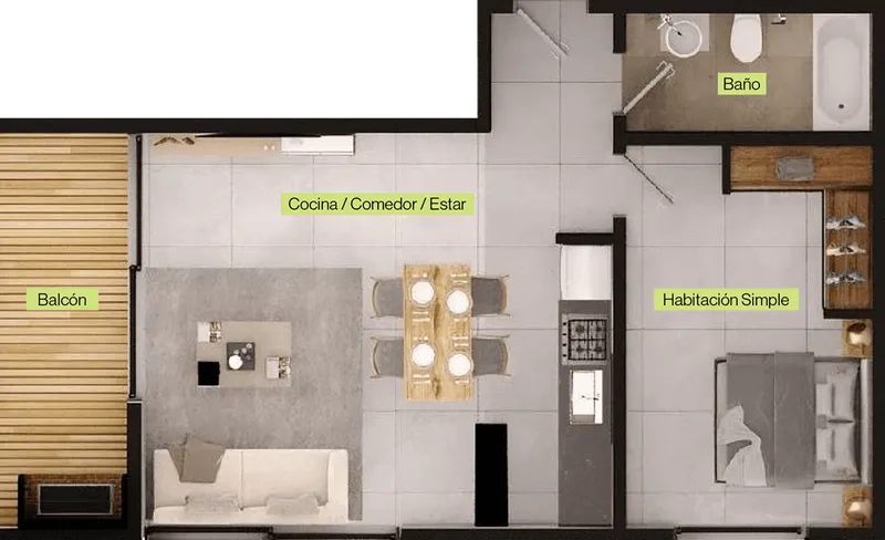 Plano de departamento con balcón, área de cocina/comedor/estar, baño y habitación simple con cama doble.