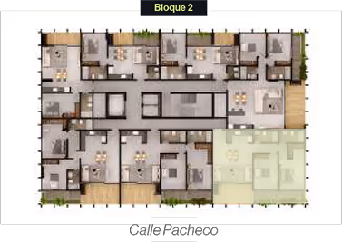 Plano arquitectónico del Bloque 2 con distribución de varios departamentos y espacios comunes.