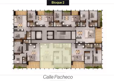 Plano arquitectónico de un piso con varias salas, dormitorios y balcones, etiquetado como Bloque 2.