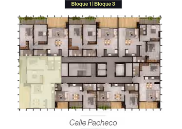 Plano arquitectónico de un piso con varias unidades de departamentos y áreas comunes, etiquetado como Bloque 1 y Bloque 3, con la calle Pacheco abajo.