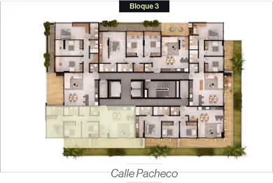 Plano arquitectónico del Bloque 3 que muestra la distribución de apartamentos y áreas comunes.