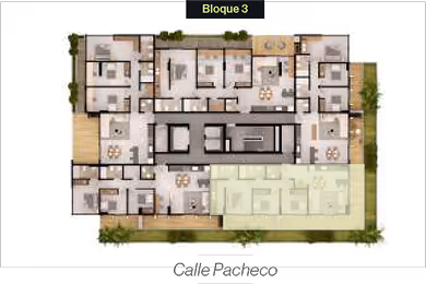 Plano arquitectónico del Bloque 3 que muestra la distribución de apartamentos con áreas comunes y jardines en el exterior.