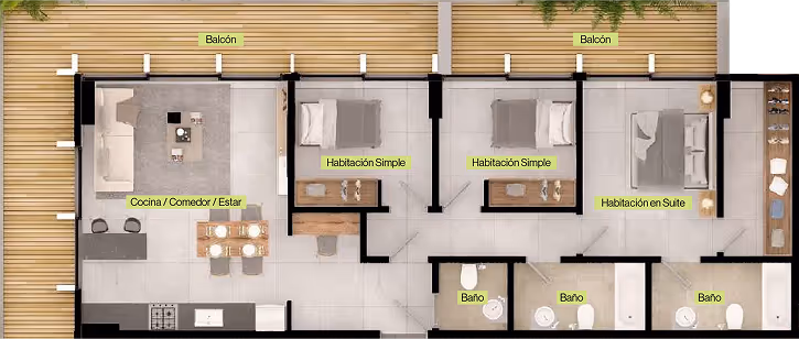 Plano de departamento con balcón, cocina/comedor/estar, dos habitaciones simples, una habitación en suite y tres baños.