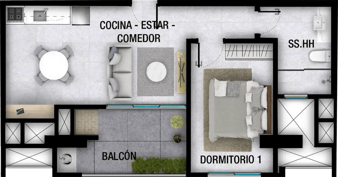 Plano del departamento que muestra cocina, estar-comedor con sofá y mesa redonda, balcón con plantas, dormitorio con cama doble y baño cerca.