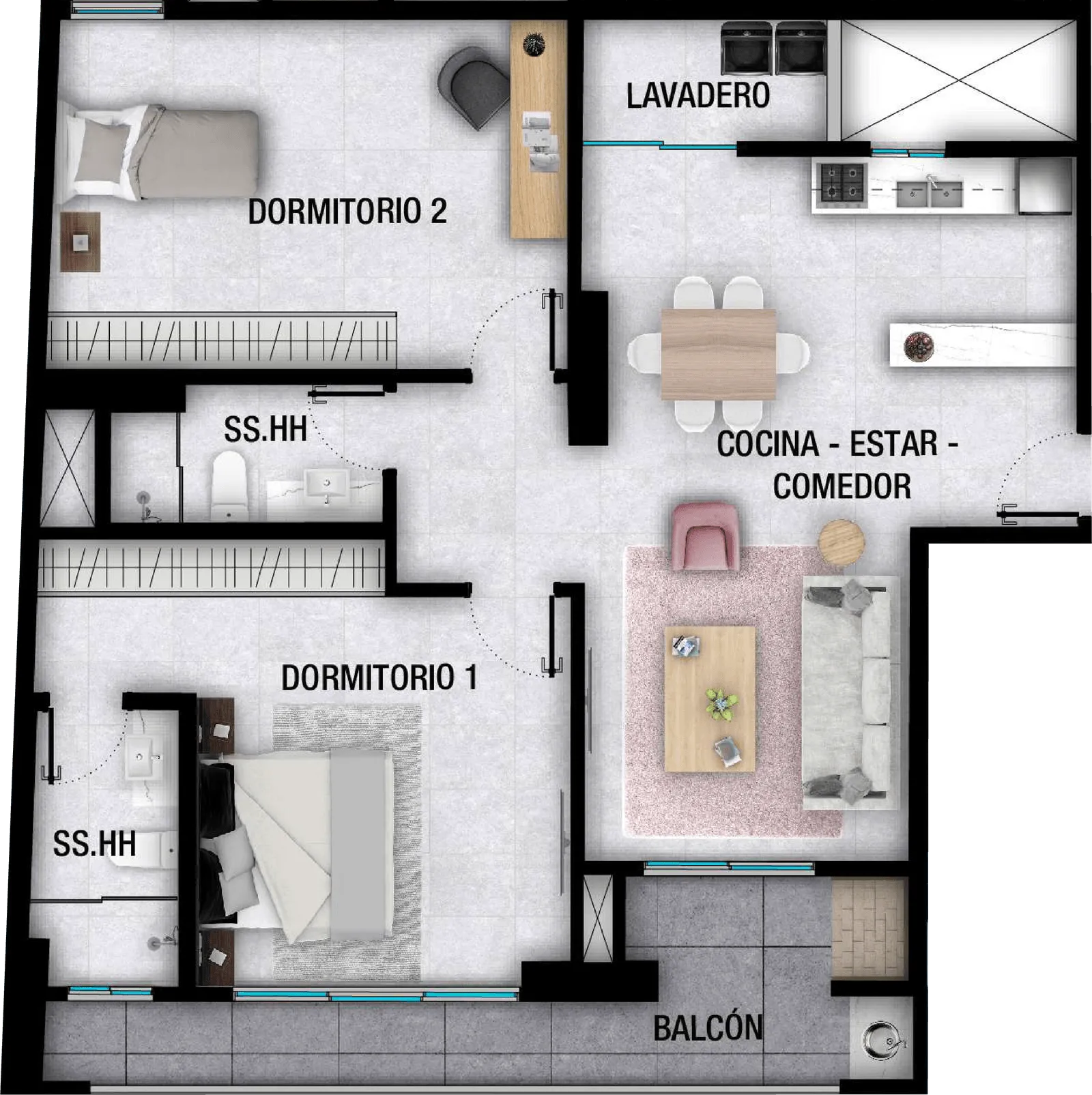 Plano de departamento con dos dormitorios, dos baños, cocina-estar-comedor, lavadero y balcón.