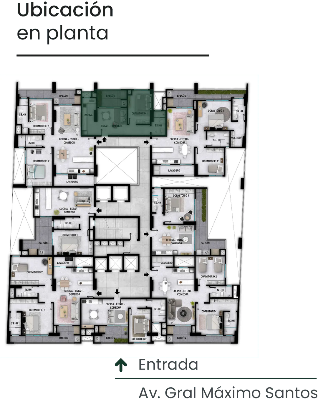 Plano de planta de un edificio con múltiples departamentos que muestran dormitorios, cocinas, estar-comedor, lavaderos, balcones y baños.