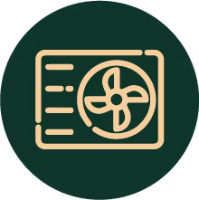 Icono beige de un sistema de aire acondicionado sobre fondo verde oscuro.