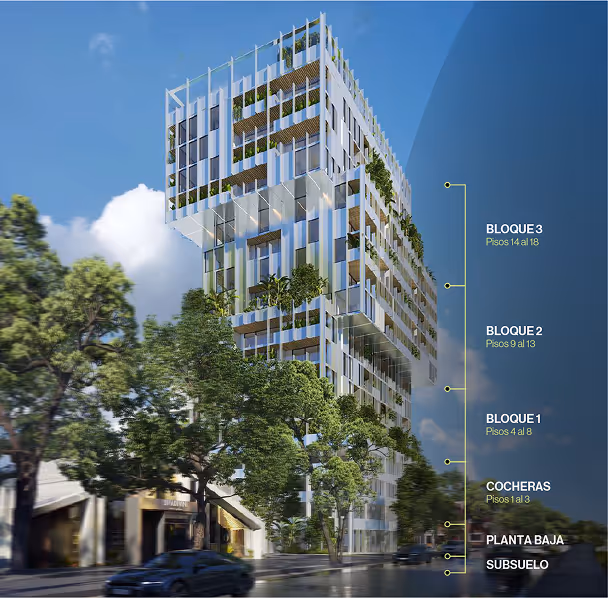 Render de un edificio moderno con plantas en balcones y secciones divididas en bloques y niveles detallados a la derecha.