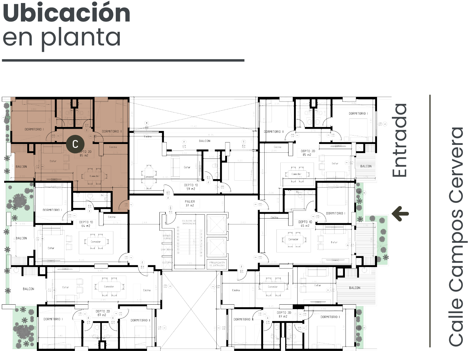 Plano arquitectónico de un edificio con varios departamentos, mostrando distribución de habitaciones, balcones y áreas comunes; señalada la entrada desde Calle Campos Cervera.